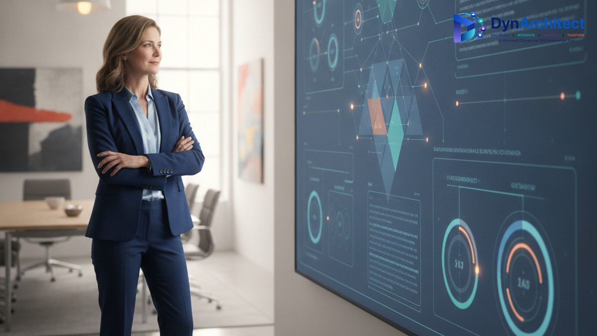 IT governance director reviewing a Power Platform tenant governance dashboard on an office display