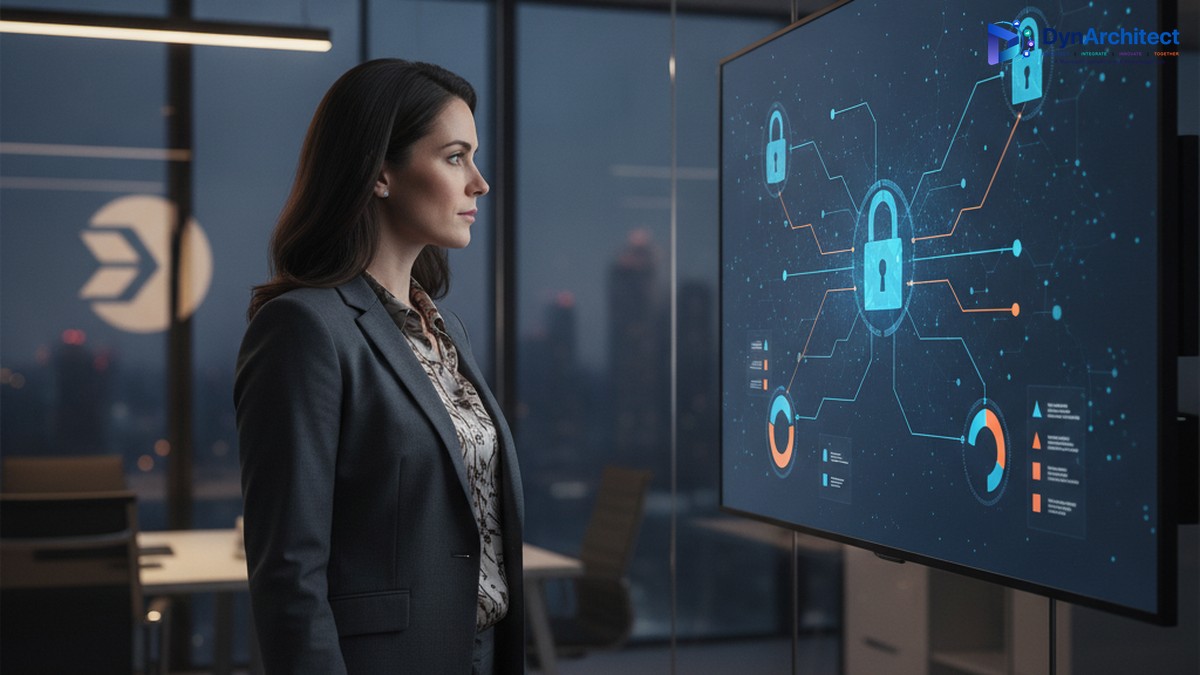 An IT governance leader reviewing a connector security and data classification dashboard in a modern office
