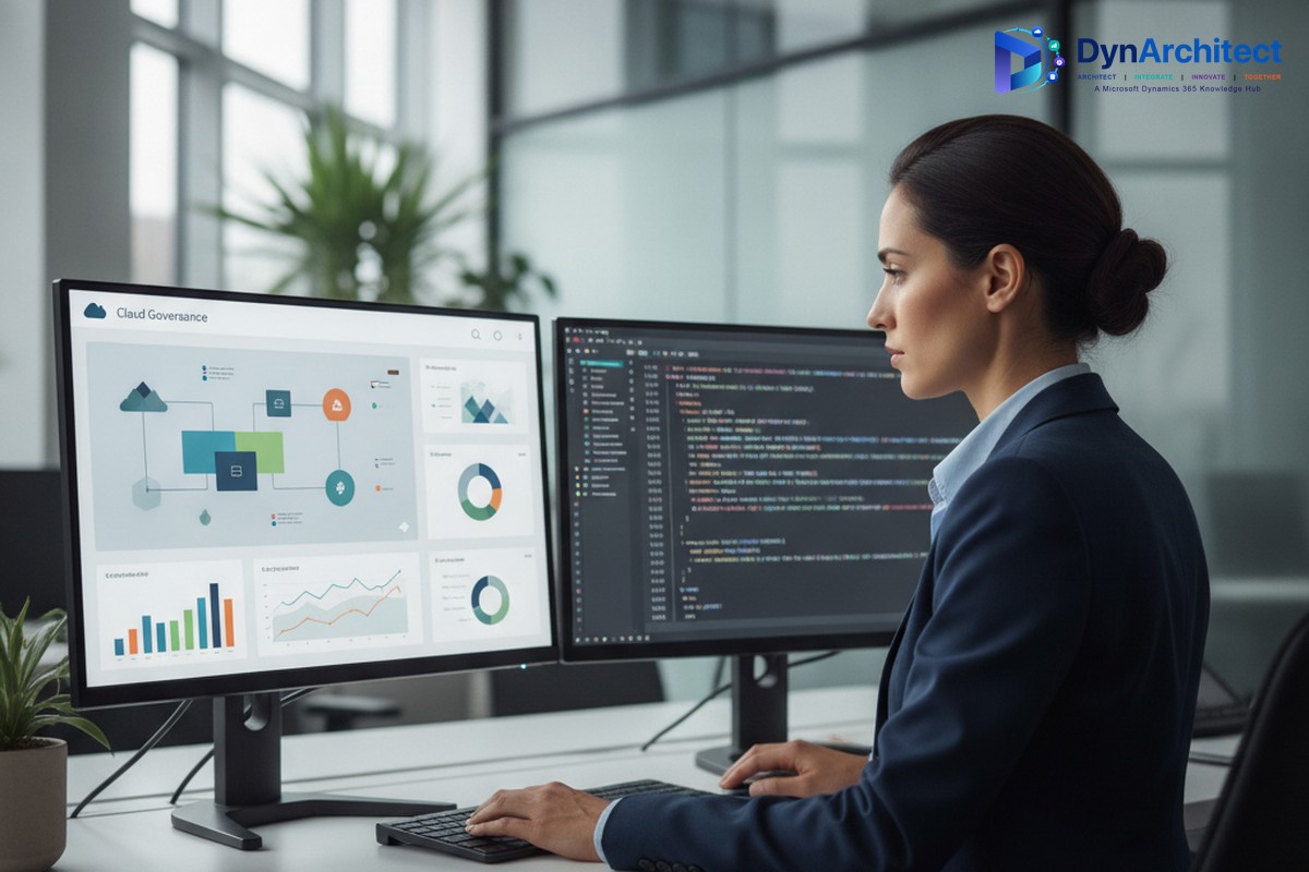Solution architect reviewing a cloud governance and inventory dashboard alongside code at a dual-monitor workstation