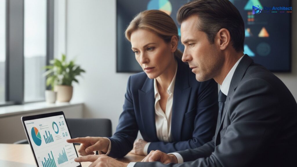 IT director and finance leader reviewing a software licensing compliance dashboard together in an office