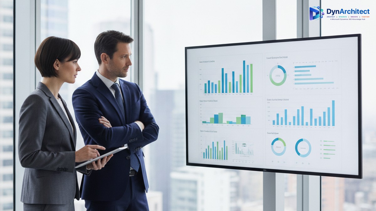 IT director and finance director reviewing a Power Platform license usage dashboard on a large office monitor