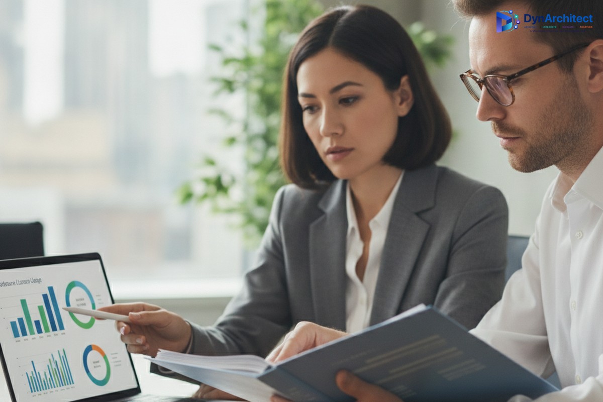 Two enterprise IT professionals reviewing a printed license usage report and laptop dashboard during a renewal discussion