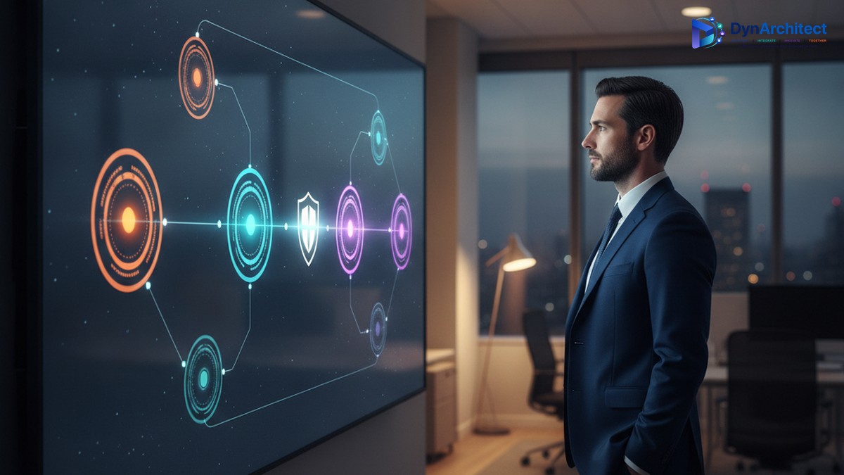 Solution architect reviewing an abstract Power Platform pipeline deployment diagram with an approval gate on an office monitor at dusk