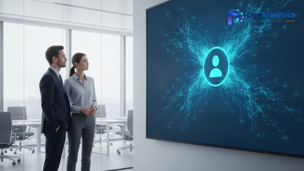 Sales operations leaders reviewing a unified customer data visualization on a screen, representing predictive lead scoring built on clean CRM data.