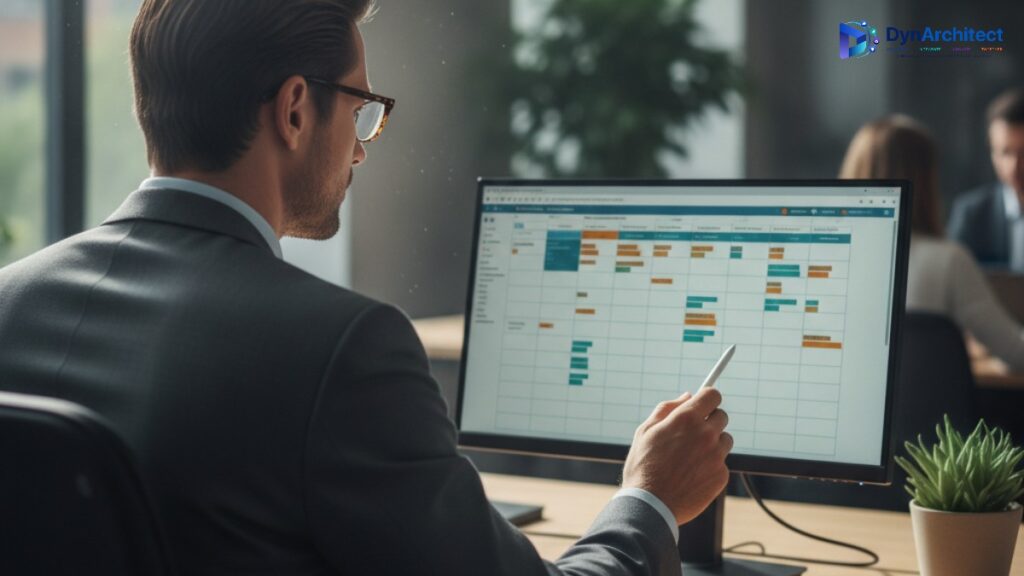 Project manager reviewing a timesheet approval dashboard showing a calendar grid of time entries