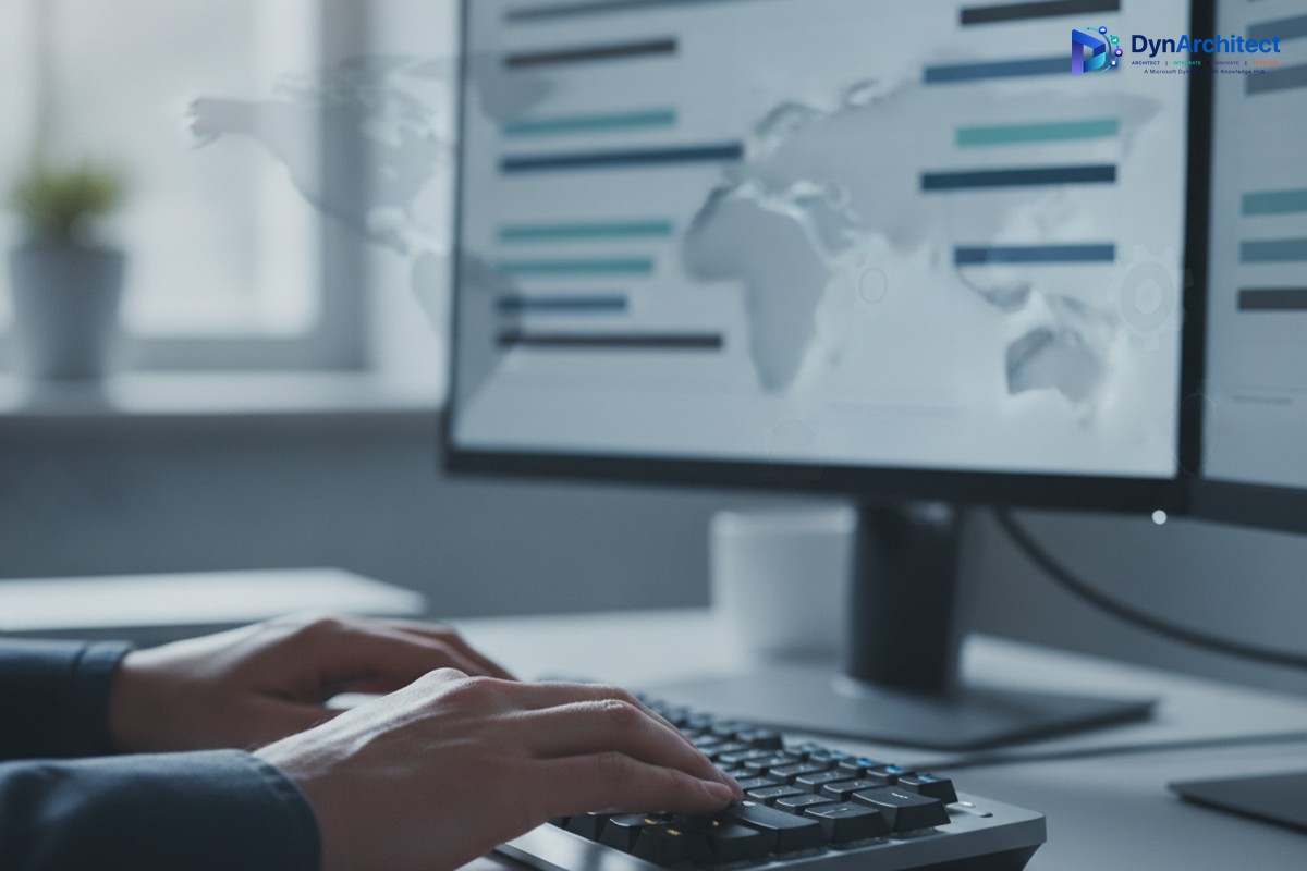 Solution architect at a dual-monitor workstation reviewing a resource booking schedule board across time zones