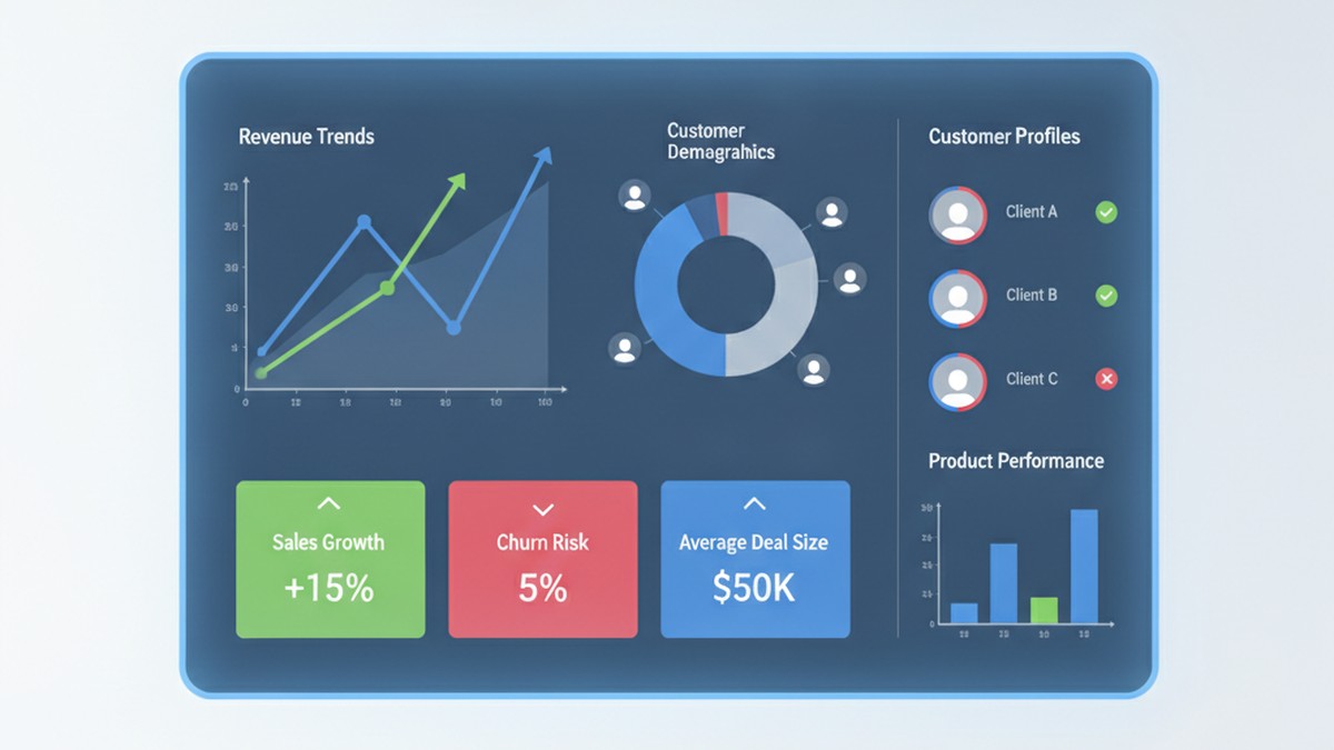 Sales analytics dashboard showing customer data, revenue trends, and risk indicators