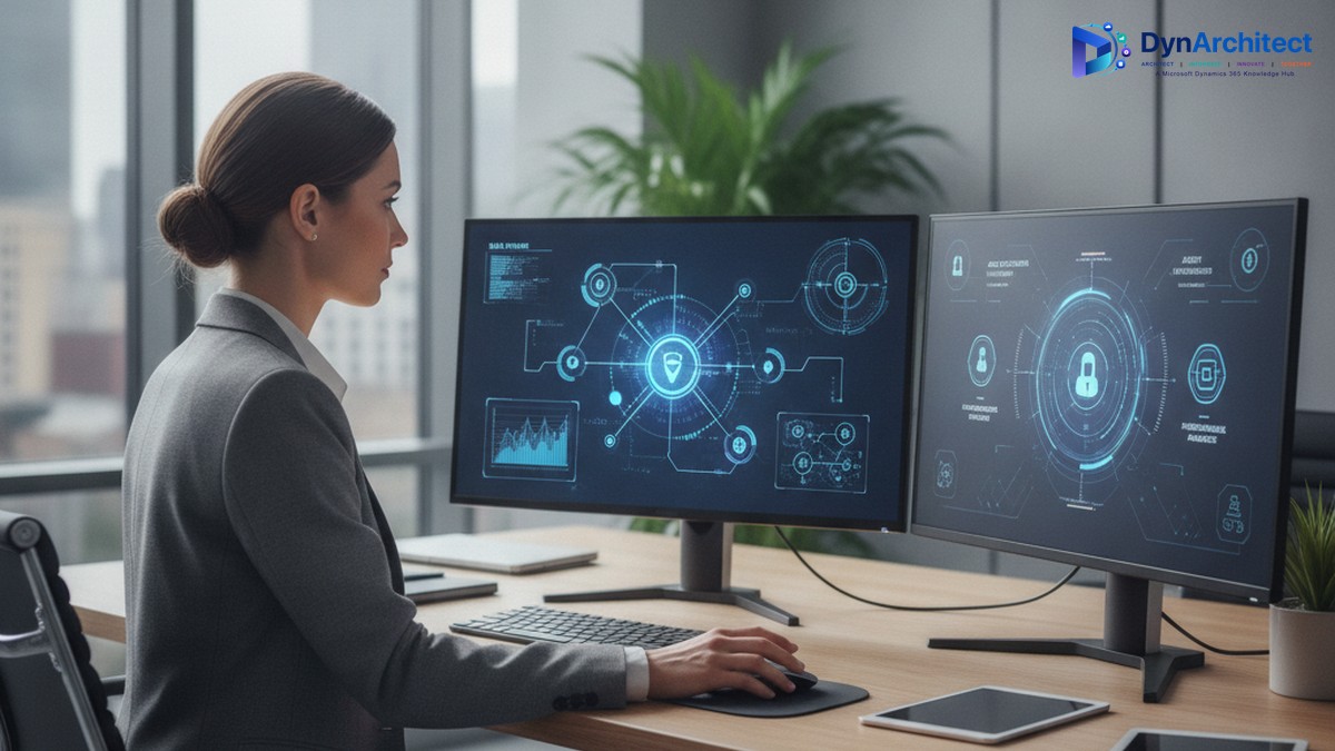 Solution architect reviewing AI sales agent configuration dashboards on a dual-monitor workstation