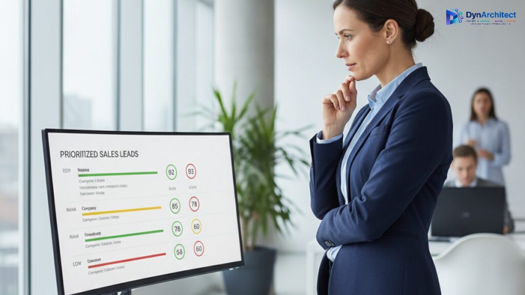 Sales operations manager reviewing an AI-prioritized lead list on a dashboard screen in a modern office