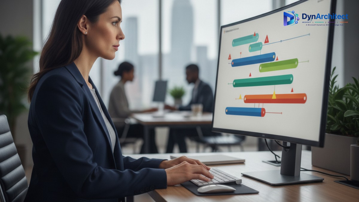 Sales professional reviewing a CRM opportunity pipeline dashboard with risk indicators on a widescreen monitor