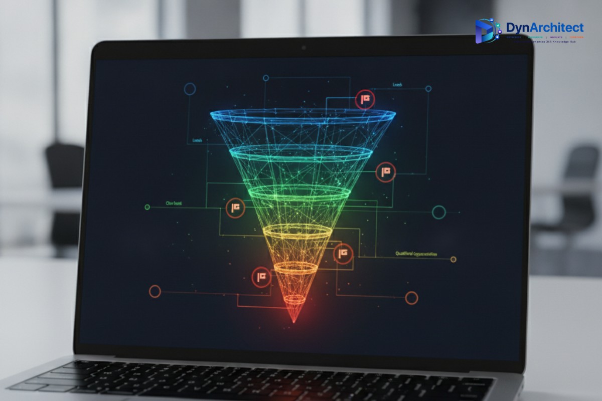 Close-up of a laptop screen showing an abstract sales pipeline funnel visualization with risk-flag markers on deal nodes