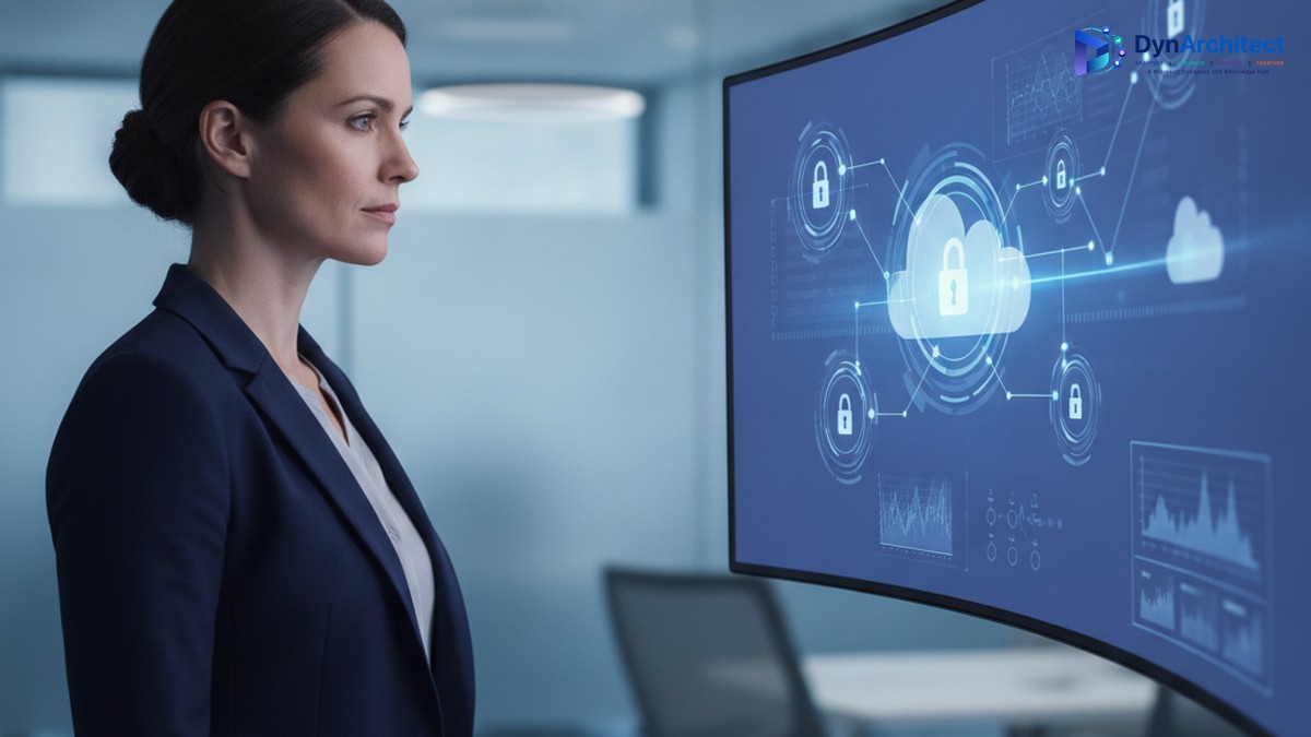 Solution architect reviewing a cloud data security and permissions dashboard on a large monitor in a modern office