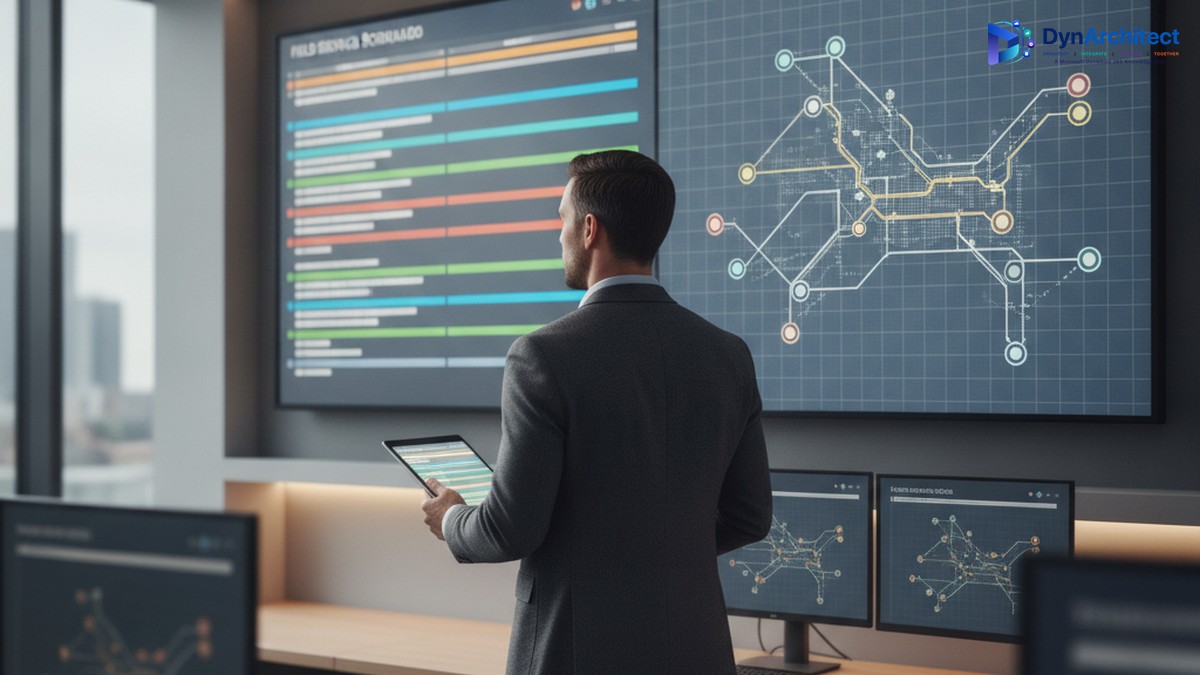 Field Service dispatcher reviewing an AI-generated schedule optimization on a control room display with map routes