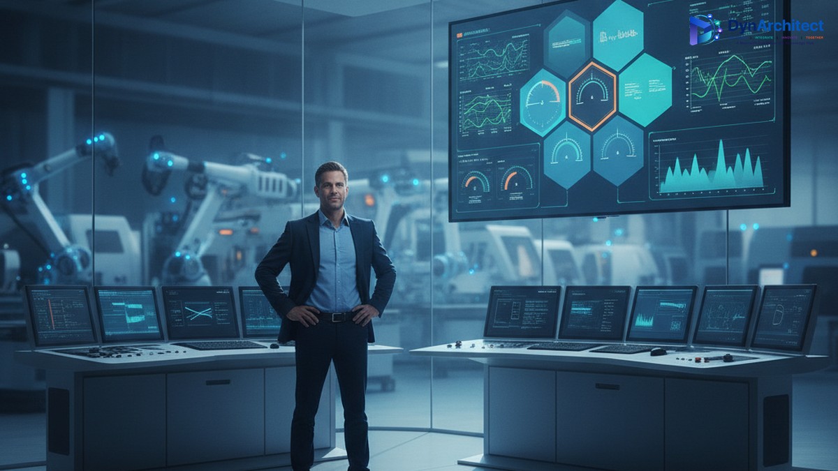 IT operations manager reviewing an asset health and sensor monitoring dashboard in a manufacturing control room