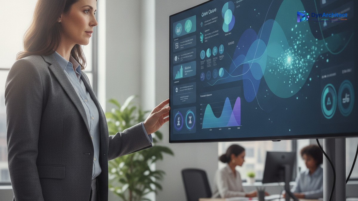 A business technology leader reviews a customer service AI analytics dashboard on a large office monitor