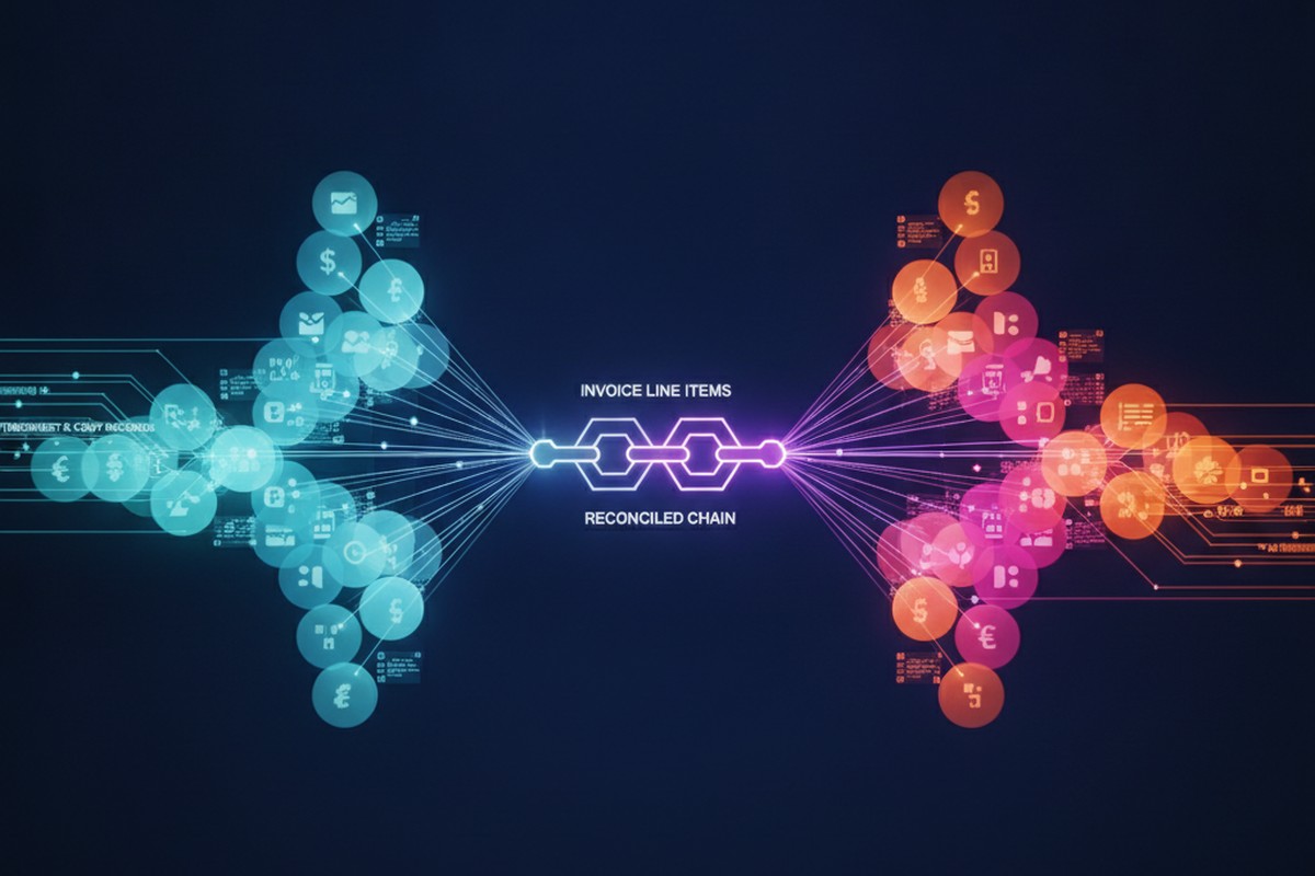 Abstract illustration of cost actual records linking to vendor invoice line items in a reconciliation chain