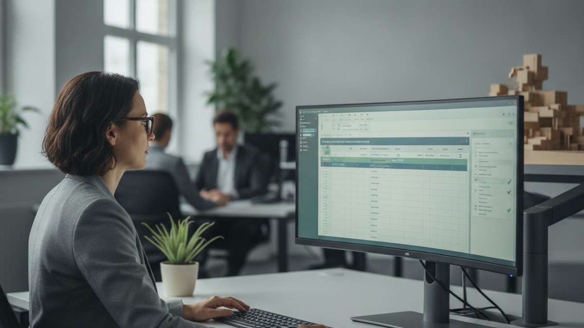 Project accountant reviewing a vendor invoice reconciliation dashboard for subcontractor cost matching