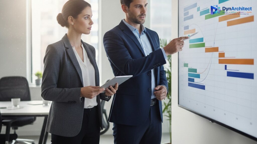 Solution architect and project manager reviewing a task-level project schedule Gantt chart on an office display