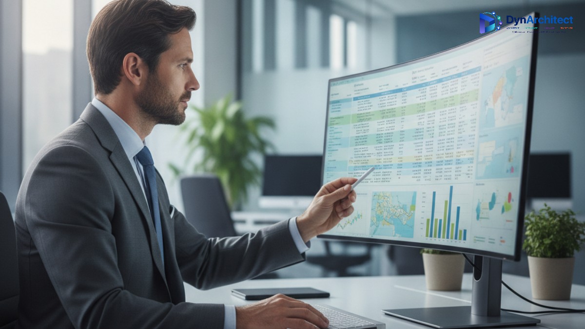 Enterprise IT consultant reviewing tax configuration data on a monitor, representing Dynamics 365 tax data migration review