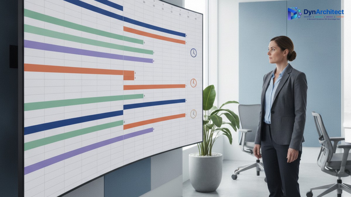 Resource manager reviewing a project scheduling timeline with time zone indicators on a large office display