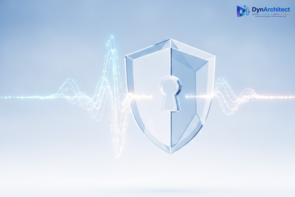 Abstract illustration of a voice waveform authenticating through a glass security shield, representing voice biometric verification