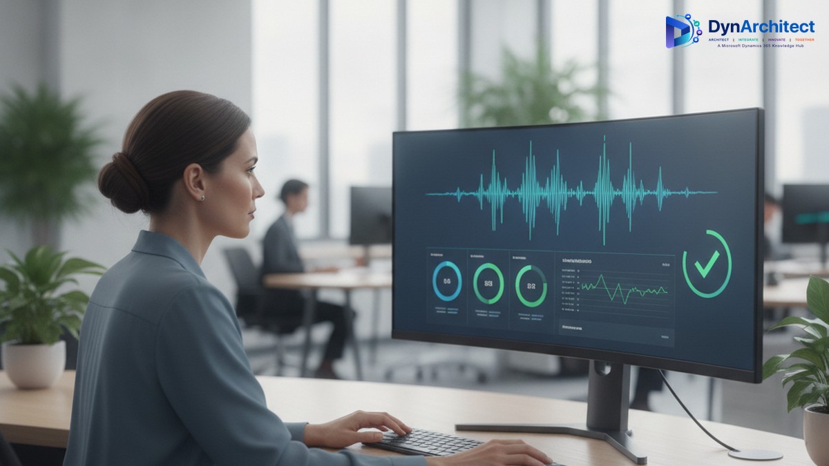 Contact center security analyst reviewing a voice authentication waveform and verification dashboard on a monitor