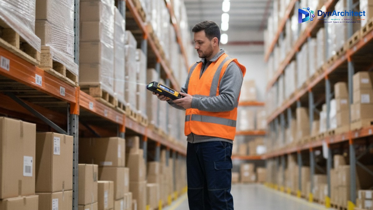 Warehouse worker scanning a barcode with a handheld mobile device in a distribution center